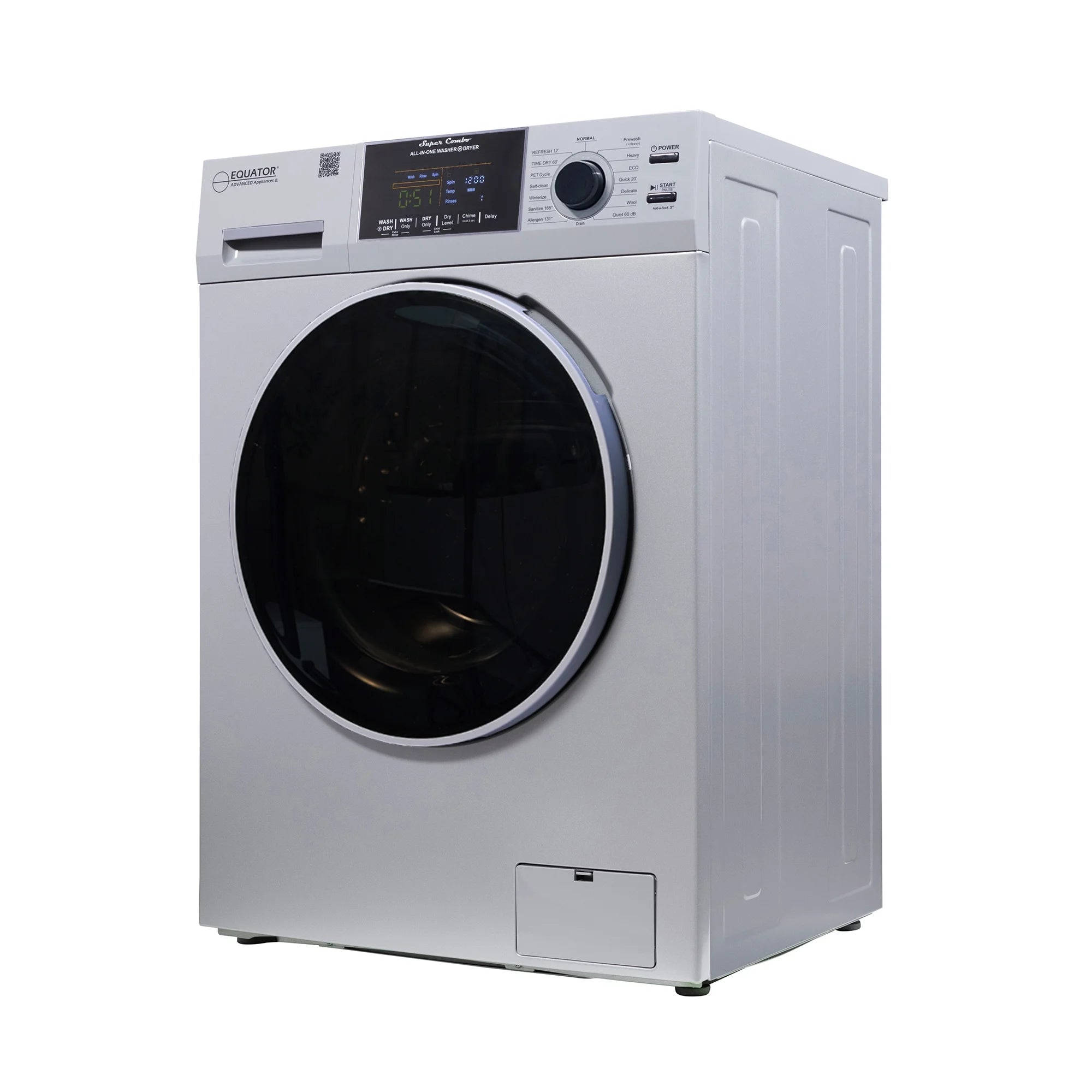 Equator Advanced Appliances All-in-One 4600 Ventless/Vented Washer Dryer with Pet Cycle, 1.62 cu. ft., 15 lb Capacity, 110V -Silver