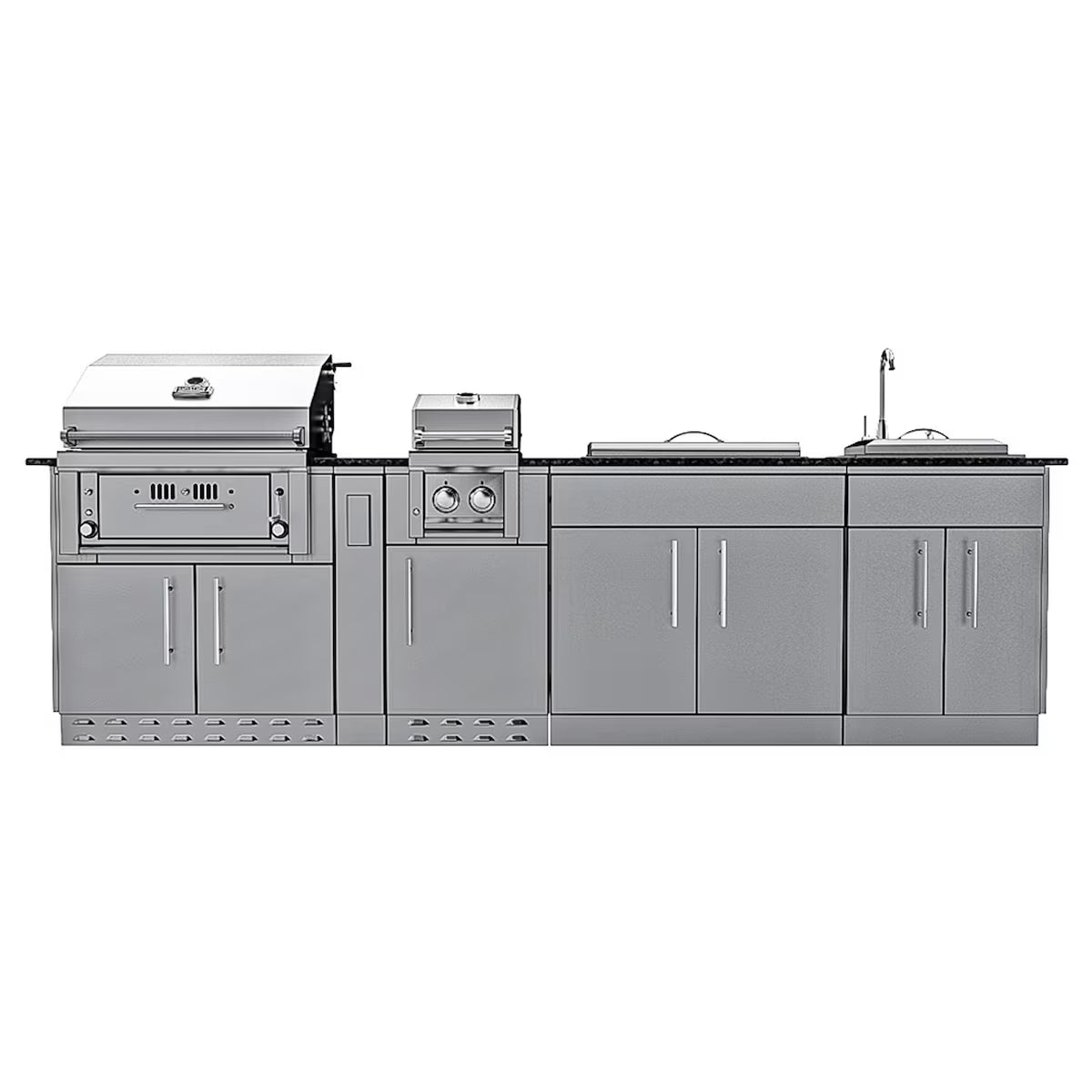 Sunstone Alamo 10′ Stainless Steel Outdoor Kitchen Island Package with Grill, Side Burner, Refrigerator & Sink