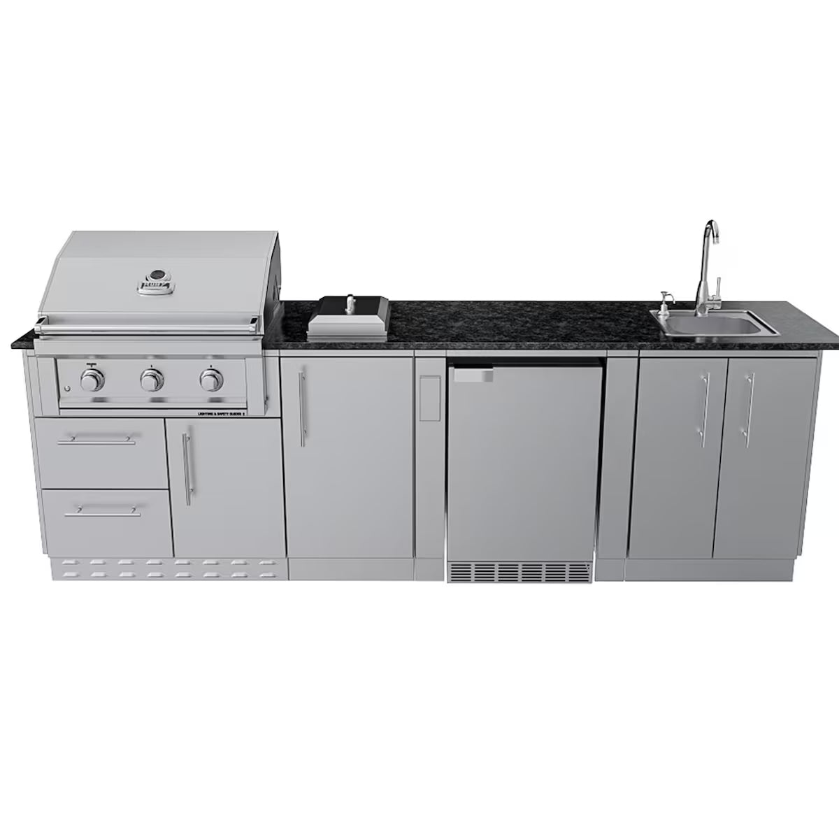 Sunstone Brazos 9′ Stainless Steel Outdoor Kitchen Island Package with Grill, Side Burner, Refrigerator & Sink