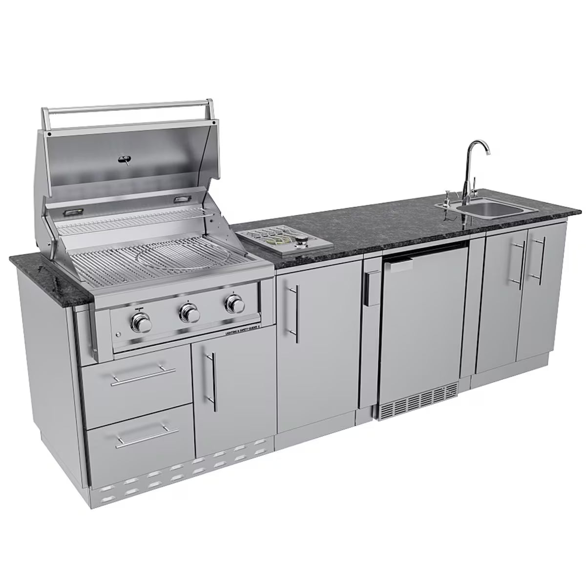 Sunstone Brazos 9′ Stainless Steel Outdoor Kitchen Island Package with Grill, Side Burner, Refrigerator & Sink
