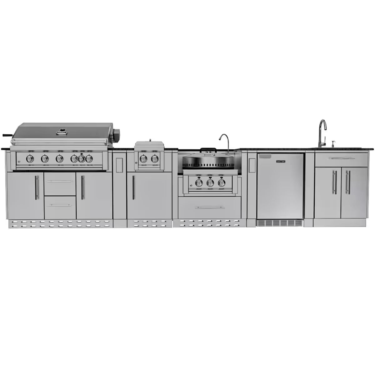 Sunstone Hill Country 13′6″ Stainless Steel Outdoor Kitchen Island Package with Grill, Side Burner, Refrigerator & Sink