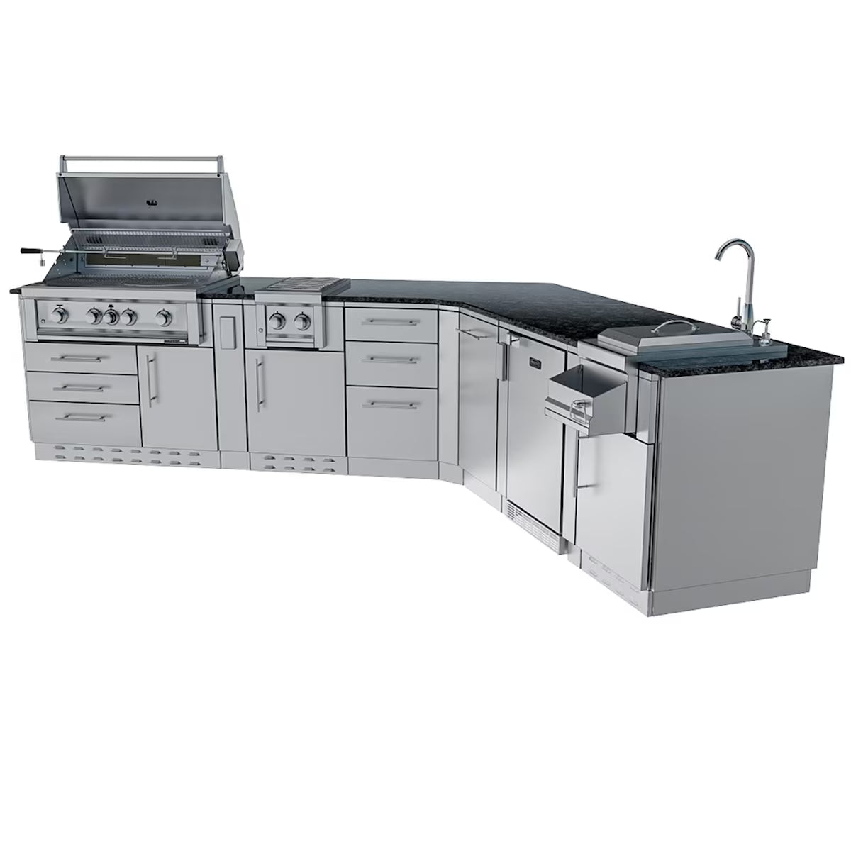 Sunstone Savanna 16′ Stainless Steel Outdoor Kitchen Island Package with Grill, Double Burner, Refrigerator & Sink