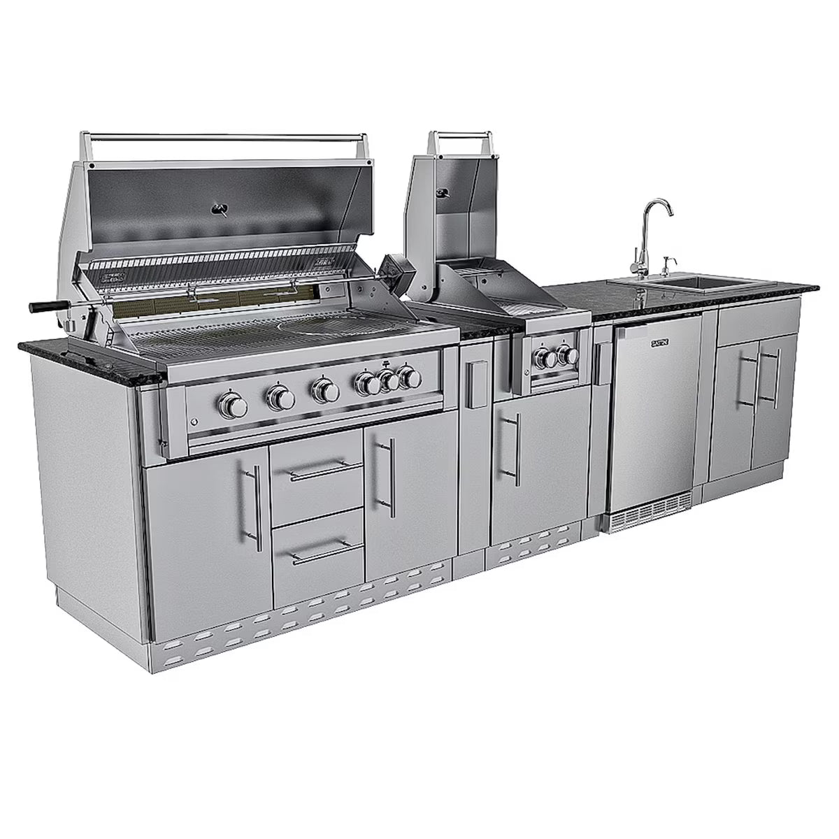 Sunstone Gulf Breeze 10′2″ Stainless Steel Outdoor Kitchen Island Package with Grill, Side Burner, Refrigerator & Sink