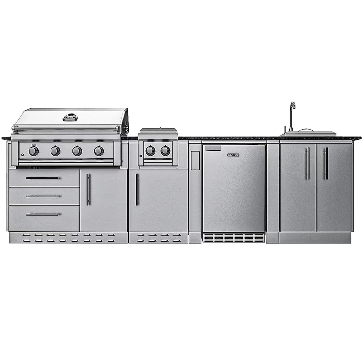 Sunstone Houston 9′8″ Stainless Steel Outdoor Kitchen Island Package with Grill, Side Burner, Refrigerator & Sink