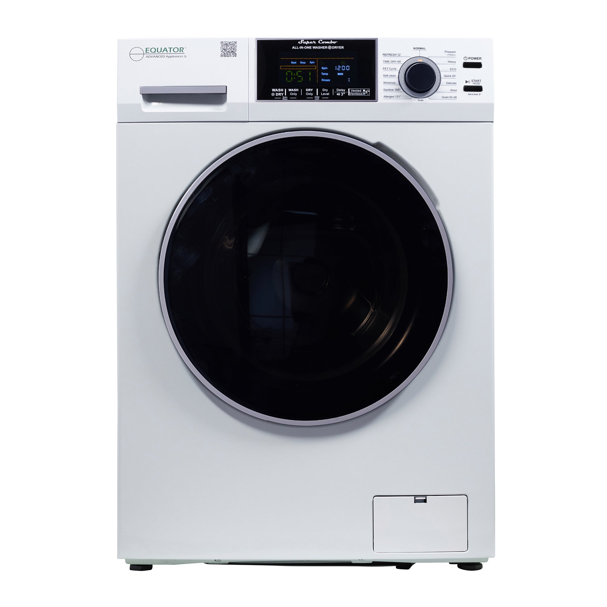 Equator Advanced Appliances All-in-One 4600 Ventless/Vented Washer Dryer with Pet Cycle, 1.62 cu. ft., 15 lb Capacity, 110V -White