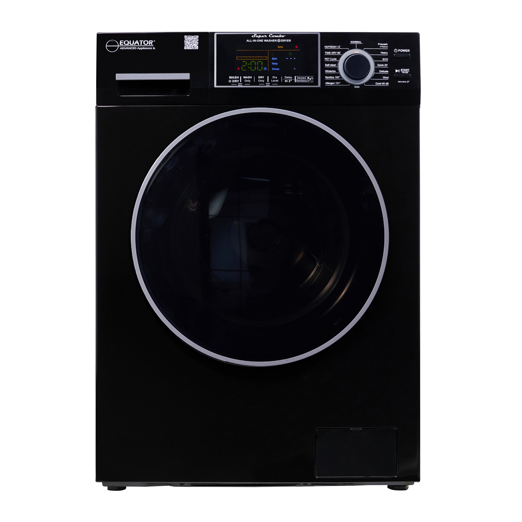 Equator Advanced Appliances All-in-One 4600 Ventless/Vented Washer Dryer with Pet Cycle, 1.62 cu. ft., 15 lb Capacity, 110V -Black