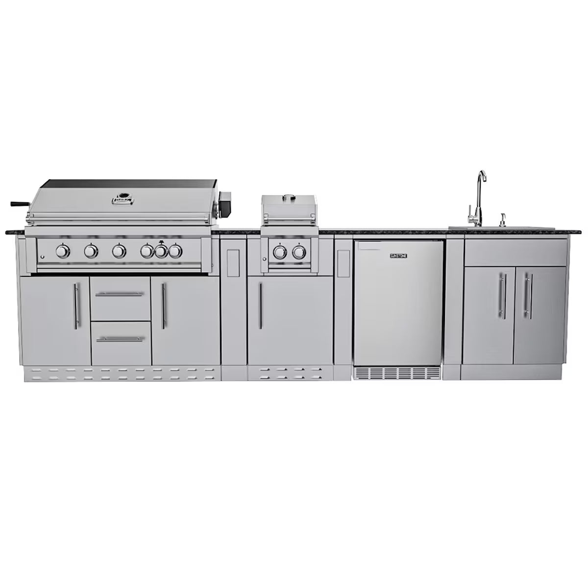 Sunstone Gulf Breeze 10′2″ Stainless Steel Outdoor Kitchen Island Package with Grill, Side Burner, Refrigerator & Sink