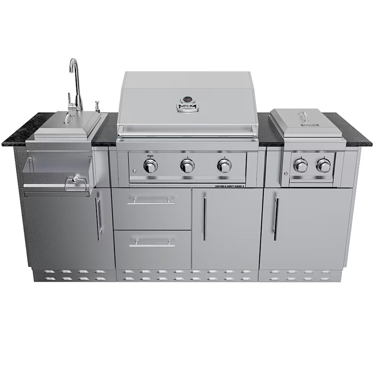 Sunstone Caprice 6′4″ Stainless Steel Outdoor Kitchen Island Package with Grill, Side Burner, Refrigerator & Sink