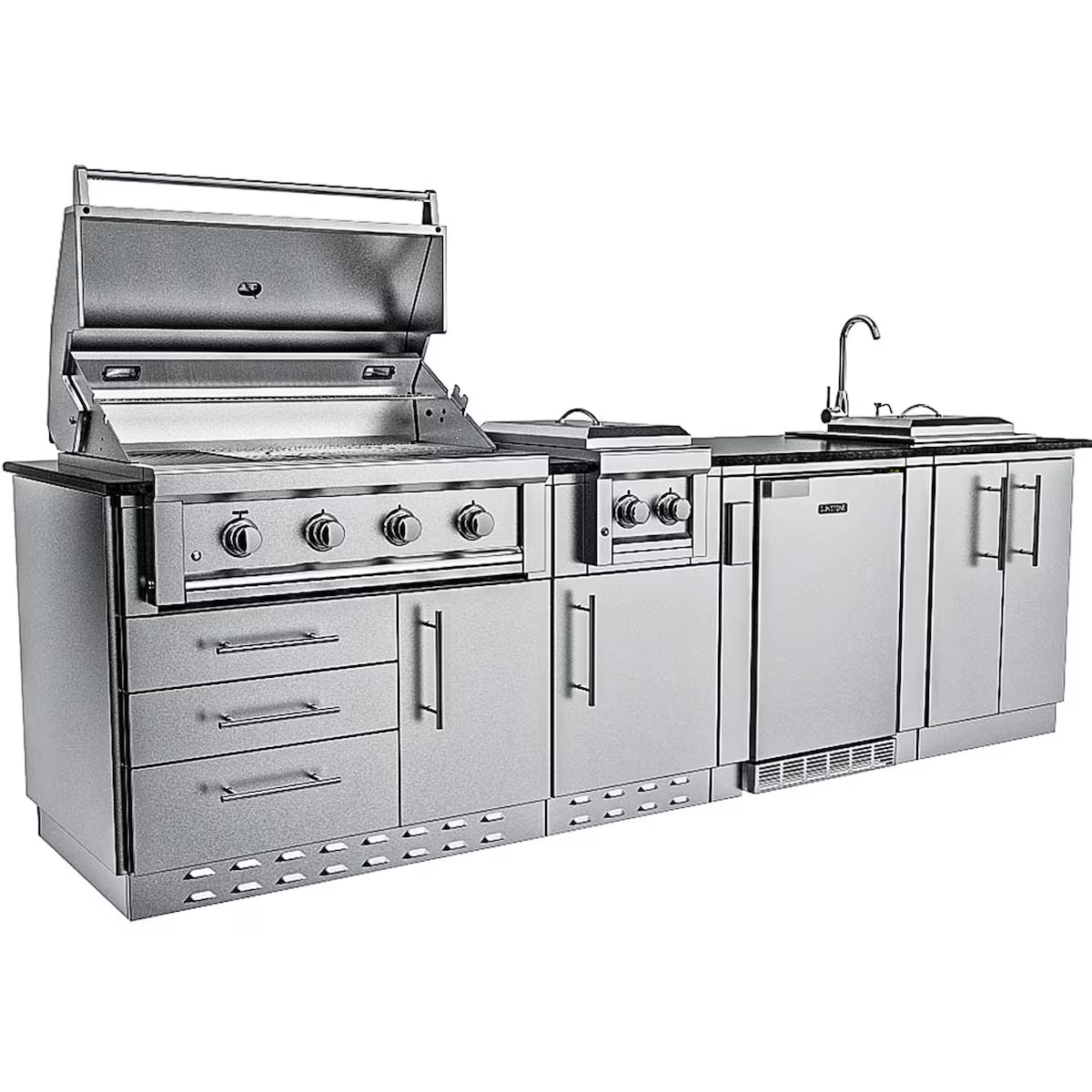 Sunstone Houston 9′8″ Stainless Steel Outdoor Kitchen Island Package with Grill, Side Burner, Refrigerator & Sink